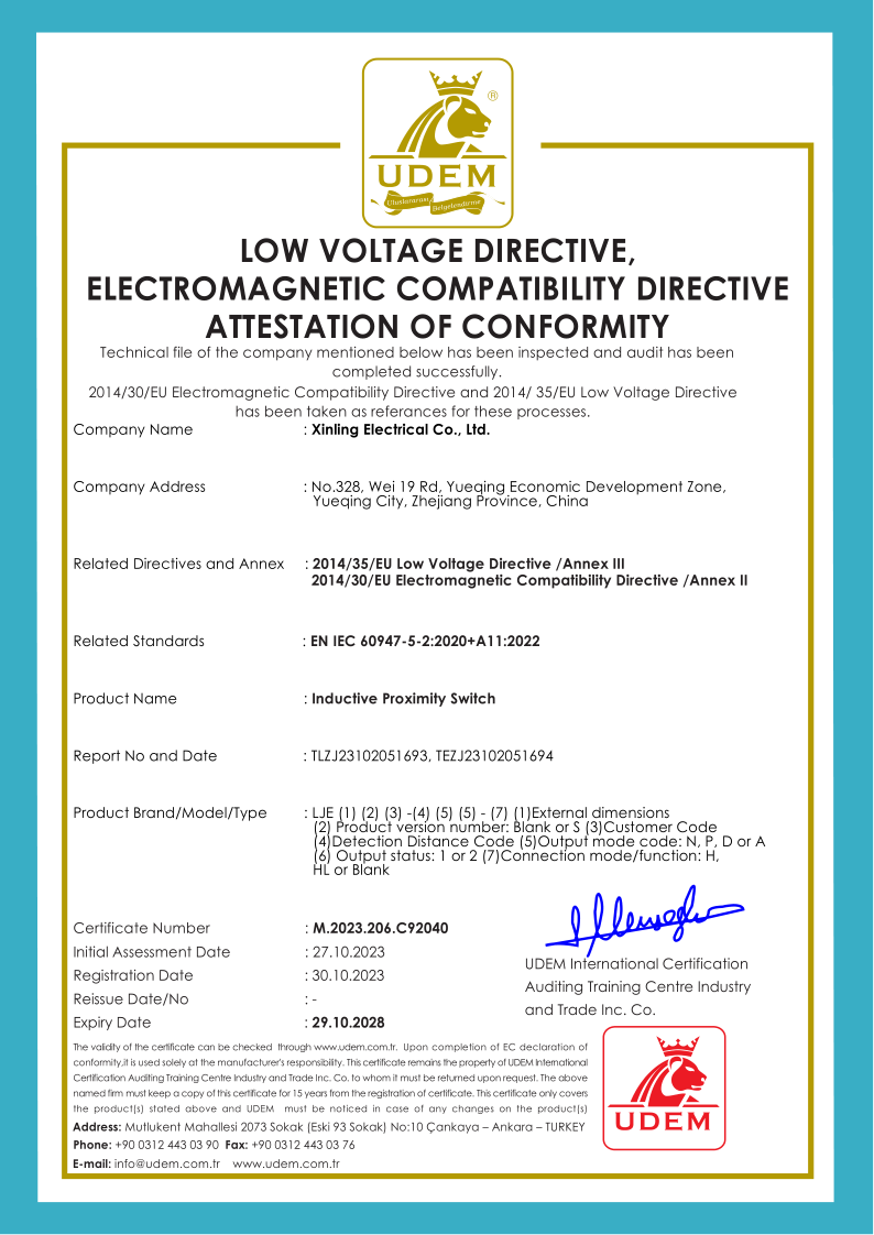 LJE系列電感式接近開關(guān)欣靈CE證書【CE】
